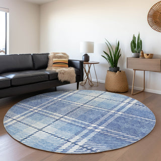 Piper Looms Mayfield Plaid AMF935 Denim Machine Washable Area Rug Round Lifestyle Image Feature