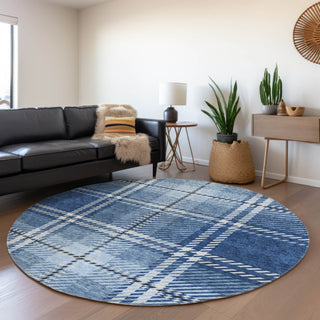 Piper Looms Mayfield Plaid AMF935 Navy Machine Washable Area Rug Round Lifestyle Image Feature