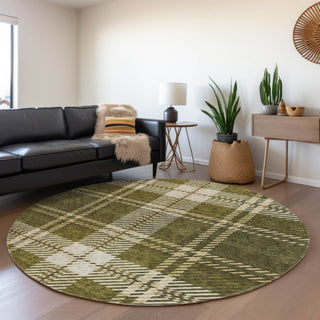 Piper Looms Mayfield Plaid AMF935 Olive Machine Washable Area Rug Round Lifestyle Image Feature