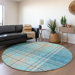 Piper Looms Mayfield Plaid AMF935 Teal Machine Washable Area Rug Round Lifestyle Image Feature