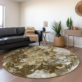 Piper Looms Mayfield Damask AMF936 Brown Machine Washable Area Rug Round Lifestyle Image Feature