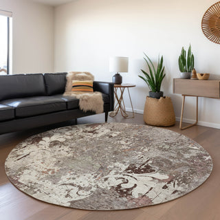 Piper Looms Mayfield Damask AMF936 Taupe Machine Washable Area Rug Round Lifestyle Image Feature