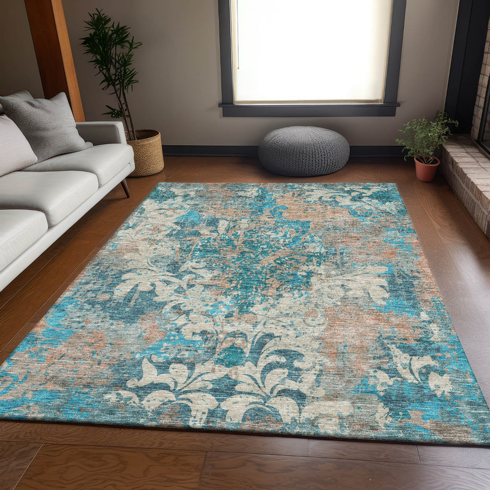 Piper Looms Mayfield Damask AMF936 Teal Machine Washable Area Rug Lifestyle Image Feature