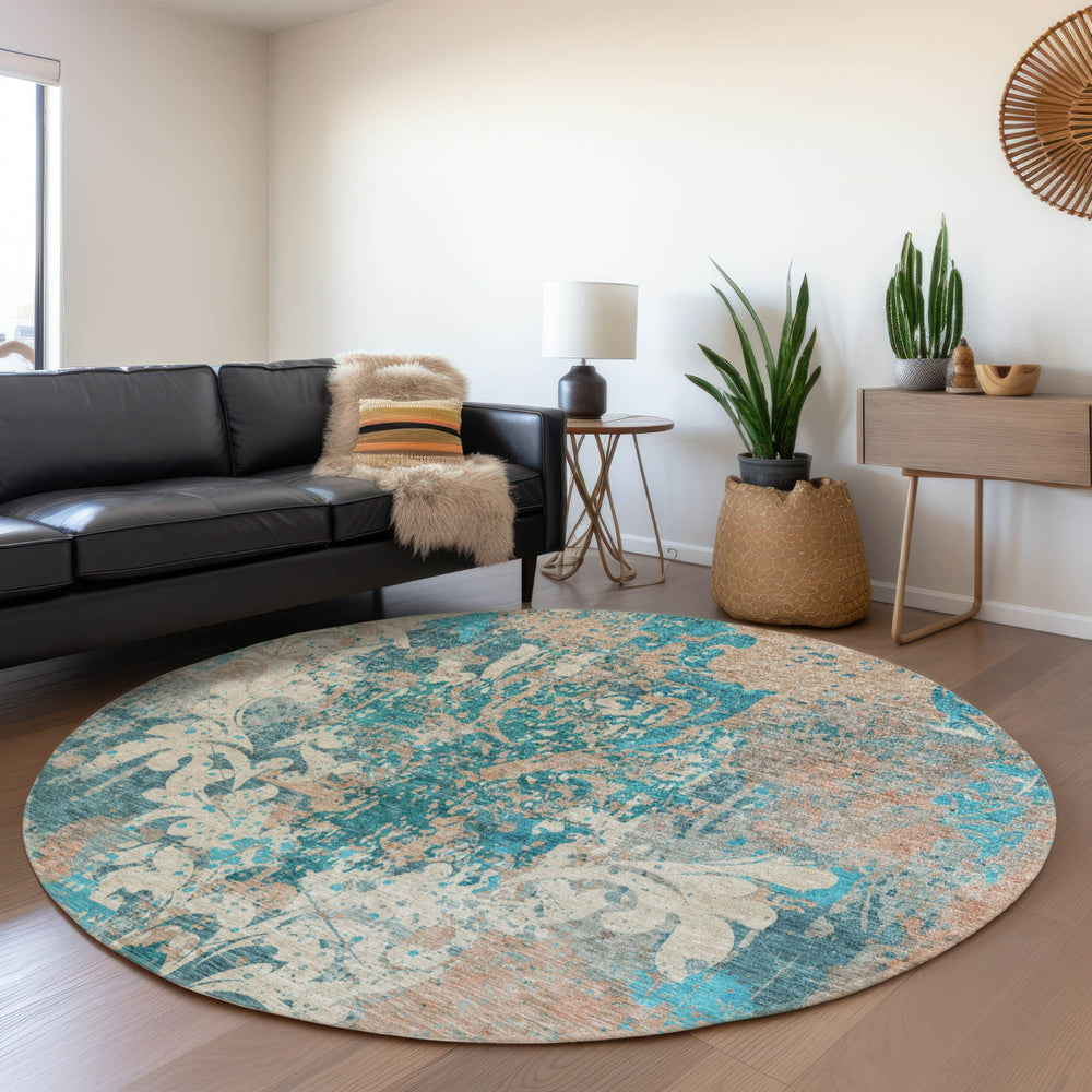 Piper Looms Mayfield Damask AMF936 Teal Machine Washable Area Rug Round Lifestyle Image Feature