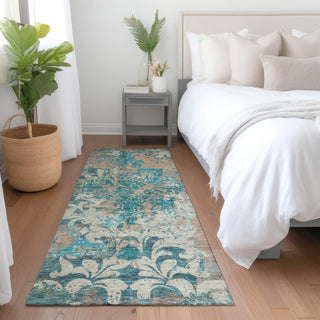Piper Looms Mayfield Damask AMF936 Teal Machine Washable Area Rug Runner Lifestyle Image Feature