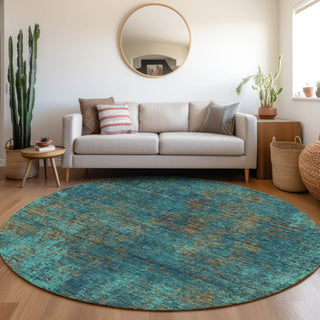 Piper Looms Mayfield Abstract AMF940 Teal Machine Washable Area Rug Round Lifestyle Image Feature