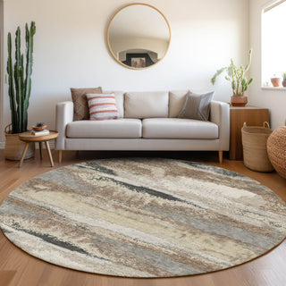 Piper Looms Mayfield Abstract AMF942 Taupe Machine Washable Area Rug Round Lifestyle Image Feature