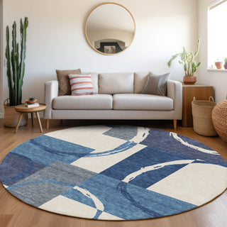 Piper Looms Mayfield Geometric AMF943 Blue Machine Washable Area Rug Round Lifestyle Image Feature