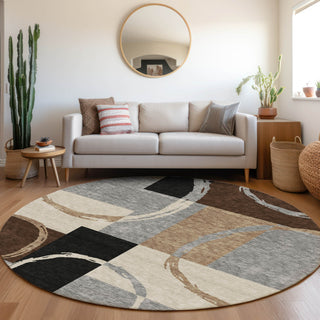 Piper Looms Mayfield Geometric AMF943 Pewter Machine Washable Area Rug Round Lifestyle Image Feature
