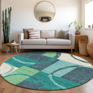 Piper Looms Mayfield Geometric AMF943 Teal Machine Washable Area Rug Round Lifestyle Image Feature