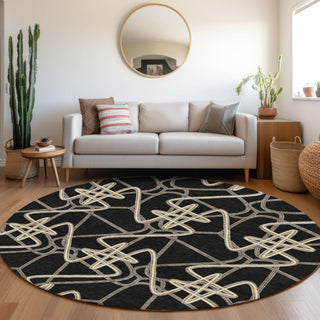 Piper Looms Mayfield Geometric AMF947 Black Machine Washable Area Rug Round Lifestyle Image Feature