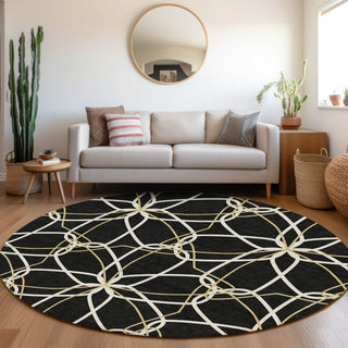Piper Looms Mayfield Geometric AMF950 Black Machine Washable Area Rug Round Lifestyle Image Feature