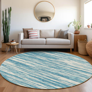 Piper Looms Mayfield Stripes AMF951 Teal Machine Washable Area Rug Round Lifestyle Image Feature