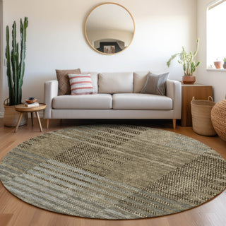 Piper Looms Mayfield Stripes AMF954 Taupe Machine Washable Area Rug Round Lifestyle Image Feature