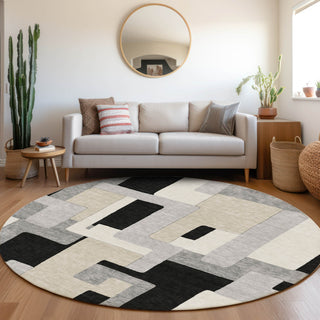 Piper Looms Mayfield Geometric AMF955 Black Machine Washable Area Rug Round Lifestyle Image Feature