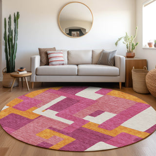 Piper Looms Mayfield Geometric AMF955 Pink Machine Washable Area Rug Round Lifestyle Image Feature
