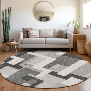 Piper Looms Mayfield Geometric AMF955 Silver Machine Washable Area Rug Round Lifestyle Image Feature