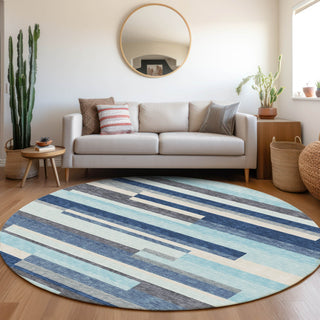 Piper Looms Mayfield Stripes AMF956 Blue Machine Washable Area Rug Round Lifestyle Image Feature
