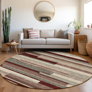Piper Looms Mayfield Stripes AMF956 Merlot Machine Washable Area Rug Round Lifestyle Image Feature