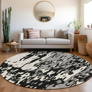 Piper Looms Mayfield Abstract AMF957 Black Machine Washable Area Rug Round Lifestyle Image Feature