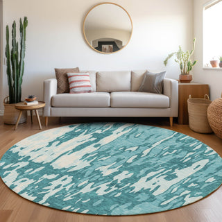 Piper Looms Mayfield Abstract AMF957 Teal Machine Washable Area Rug Round Lifestyle Image Feature