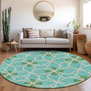 Piper Looms Mayfield Geometric AMF958 Aqua Machine Washable Area Rug Round Lifestyle Image Feature