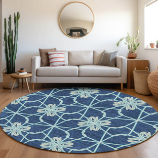 Piper Looms Mayfield Geometric AMF958 Navy Machine Washable Area Rug Round Lifestyle Image Feature