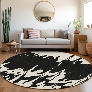 Piper Looms Mayfield Abstract AMF961 Black Machine Washable Area Rug Round Lifestyle Image Feature
