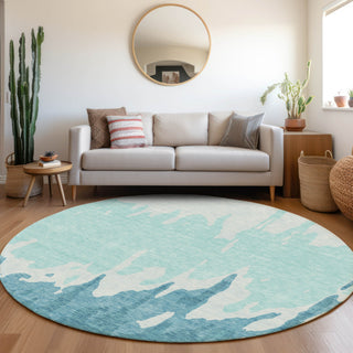 Piper Looms Mayfield Abstract AMF961 Teal Machine Washable Area Rug Round Lifestyle Image Feature