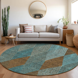 Piper Looms Mayfield Geometric AMF962 Teal Machine Washable Area Rug Round Lifestyle Image Feature