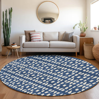 Piper Looms Mayfield Geometric AMF963 Navy Machine Washable Area Rug Round Lifestyle Image Feature