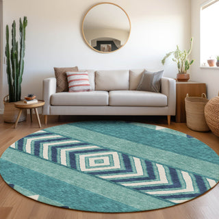 Piper Looms Mayfield Southwest AMF965 Teal Machine Washable Area Rug Round Lifestyle Image Feature