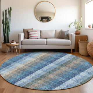 Piper Looms Mayfield Plaid AMF966 Denim Machine Washable Area Rug Round Lifestyle Image Feature