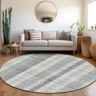 Piper Looms Mayfield Plaid AMF966 Silver Machine Washable Area Rug Round Lifestyle Image Feature