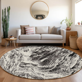 Piper Looms Mayfield Abstract AMF971 Black Machine Washable Area Rug Round Lifestyle Image Feature