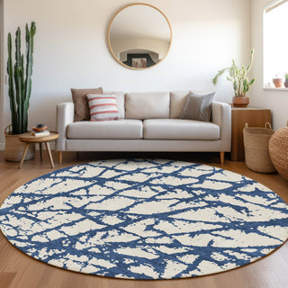 Piper Looms Mayfield Abstract AMF972 Navy Machine Washable Area Rug Round Lifestyle Image Feature