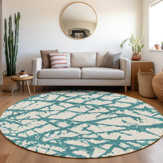 Piper Looms Mayfield Abstract AMF972 Teal Machine Washable Area Rug Round Lifestyle Image Feature