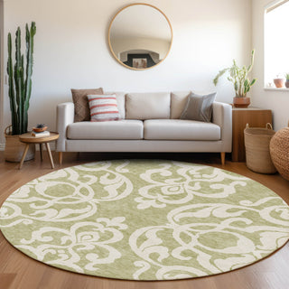Piper Looms Mayfield Damask AMF973 Aloe Machine Washable Area Rug Round Lifestyle Image Feature