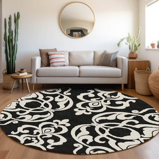 Piper Looms Mayfield Damask AMF973 Black Machine Washable Area Rug Round Lifestyle Image Feature