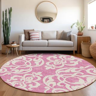 Piper Looms Mayfield Damask AMF973 Blush Machine Washable Area Rug Round Lifestyle Image Feature