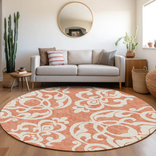 Piper Looms Mayfield Damask AMF973 Coral Machine Washable Area Rug Round Lifestyle Image Feature