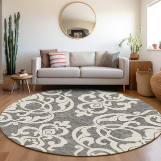 Piper Looms Mayfield Damask AMF973 Gray Machine Washable Area Rug Round Lifestyle Image Feature