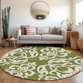 Piper Looms Mayfield Damask AMF973 Green Machine Washable Area Rug Round Lifestyle Image Feature