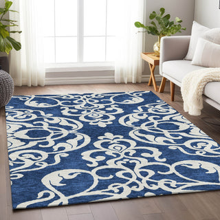 Piper Looms Mayfield Damask AMF973 Navy Machine Washable Area Rug Lifestyle Image Feature