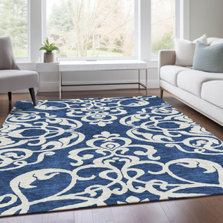 Piper Looms Mayfield Damask AMF973 Navy Machine Washable Area Rug Lifestyle Image Feature