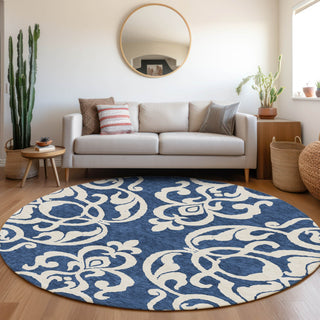 Piper Looms Mayfield Damask AMF973 Navy Machine Washable Area Rug Round Lifestyle Image Feature