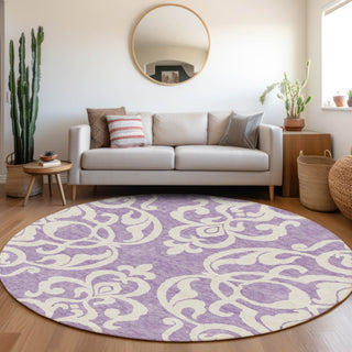 Piper Looms Mayfield Damask AMF973 Purple Machine Washable Area Rug Round Lifestyle Image Feature