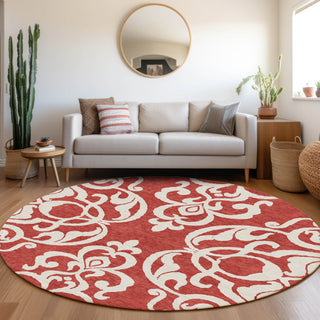 Piper Looms Mayfield Damask AMF973 Red Machine Washable Area Rug Round Lifestyle Image Feature