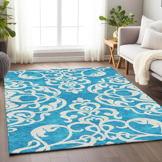 Piper Looms Mayfield Damask AMF973 Turquoise Machine Washable Area Rug Lifestyle Image Feature