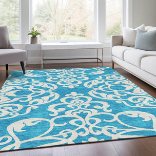 Piper Looms Mayfield Damask AMF973 Turquoise Machine Washable Area Rug Lifestyle Image Feature